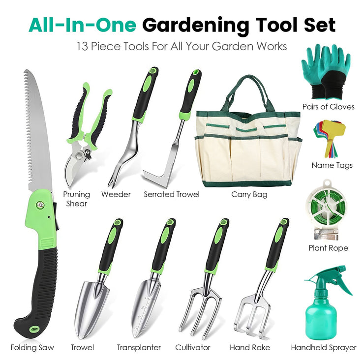 13Pcs Garden Tool Set Aluminum Alloy Gardening Hand Tools Starter Kit With Garden Bag Heavy Duty Outdoor Hand Tools With Non-Slip Ergonomic Handle For Plant Gardening