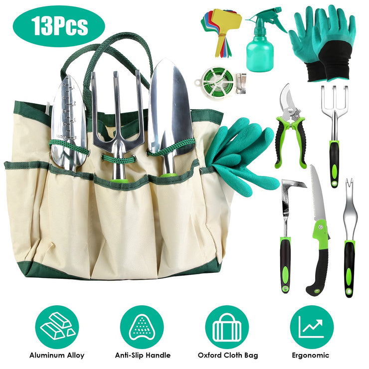 13Pcs Garden Tool Set Aluminum Alloy Gardening Hand Tools Starter Kit With Garden Bag Heavy Duty Outdoor Hand Tools With Non-Slip Ergonomic Handle For Plant Gardening